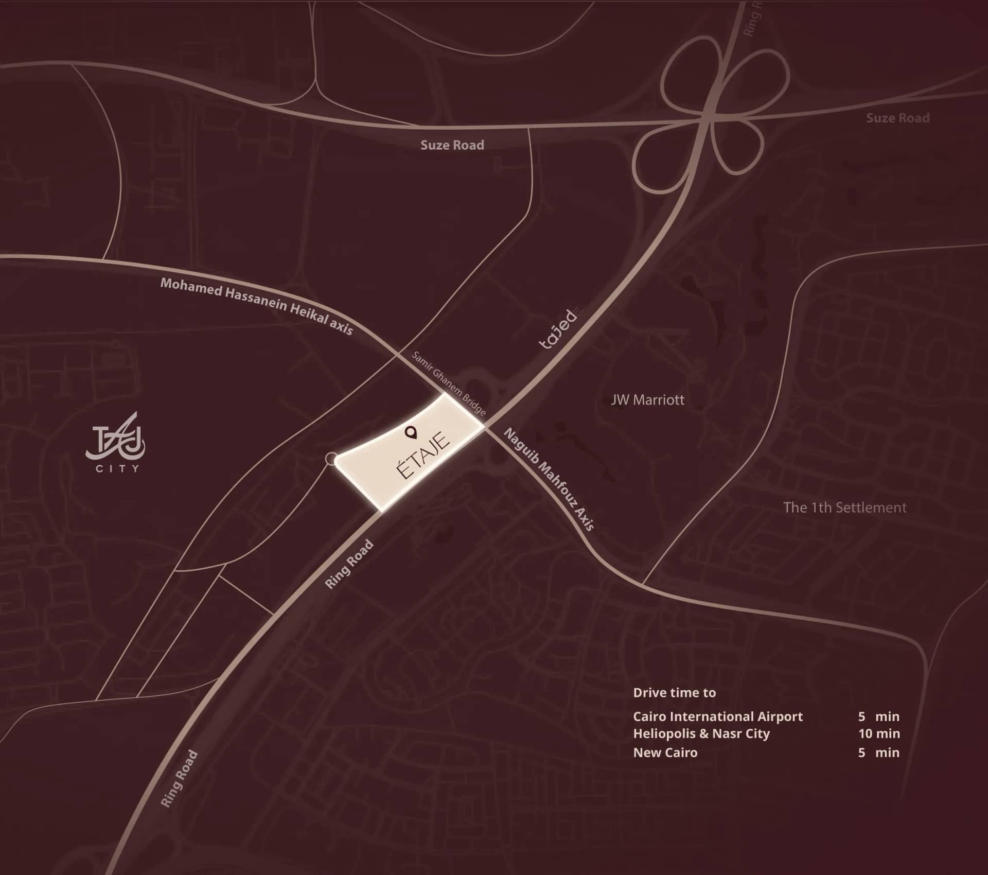Map of Taj City on the Ring Road, East Cairo